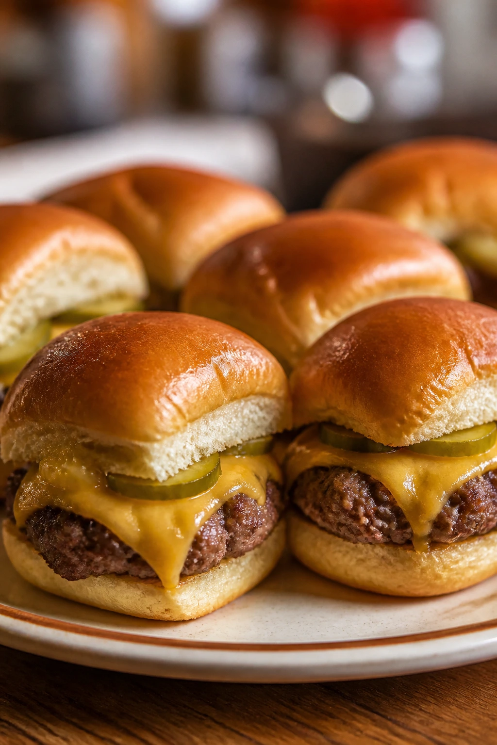 Close-up of diner-style cheeseburger sliders on a plate