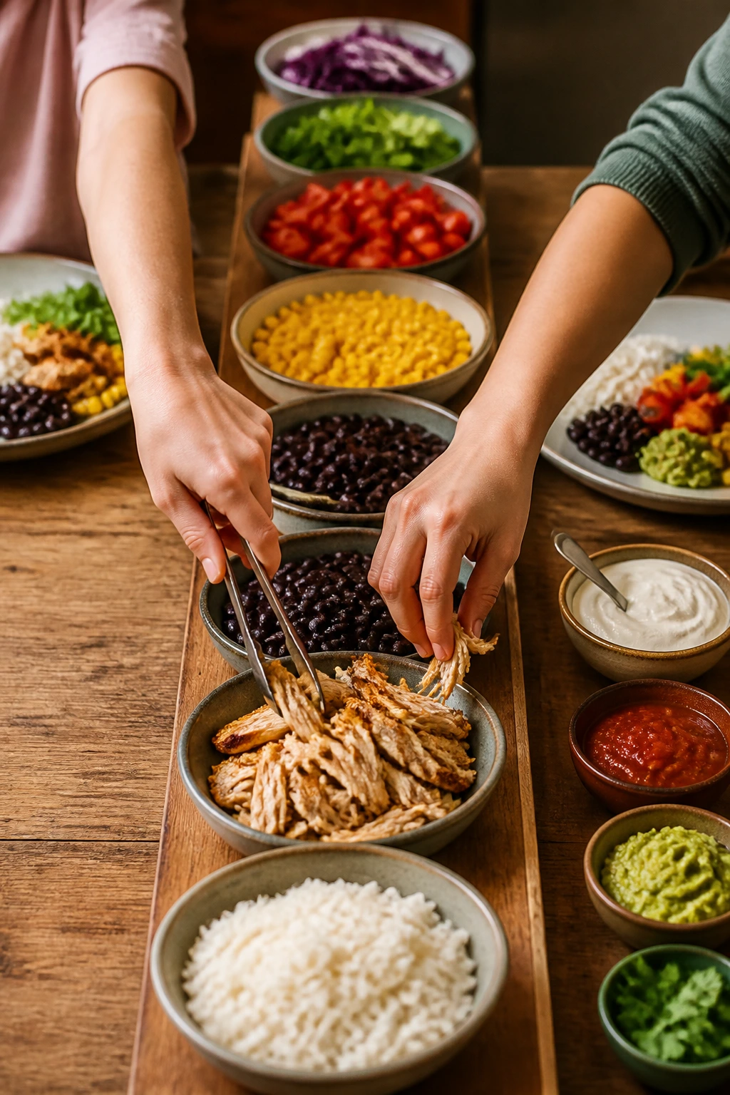 Hands selecting items from a lined dinner bar on a kitchen table