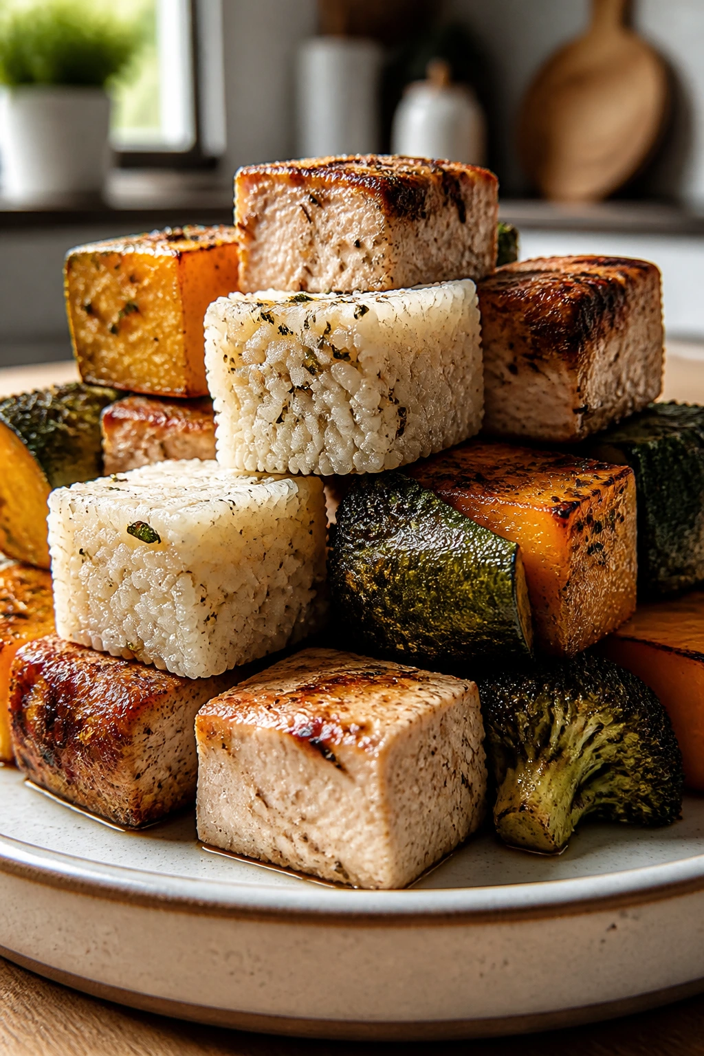 Close-up of dinner components stacked like building blocks on a plate in a warm kitchen