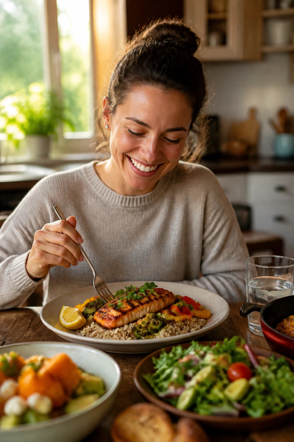 Person enjoying a colorful home-cooked dinner at a table.
