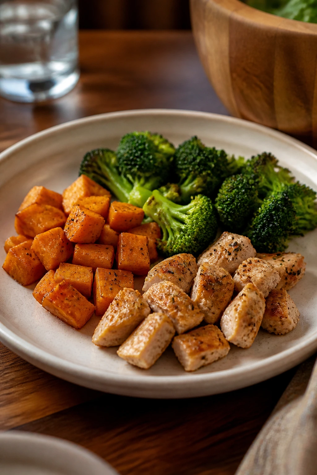 Dinner plate with chicken, sweet potato, and broccoli on a warm dining table.