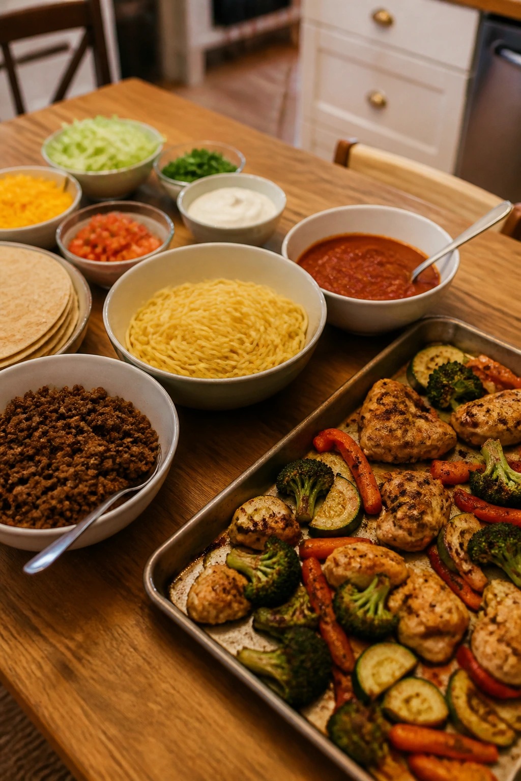 Table arranged with foods representing taco night, pasta night, and sheet-pan dinner formats