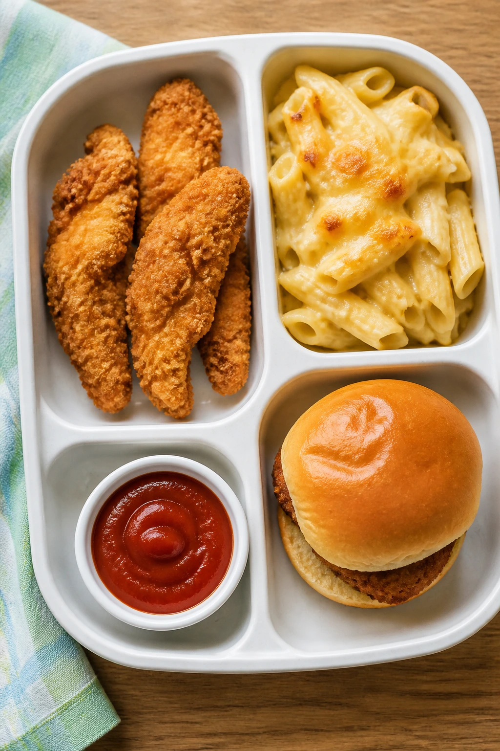 Top-down tray of familiar kid-friendly dinner formats