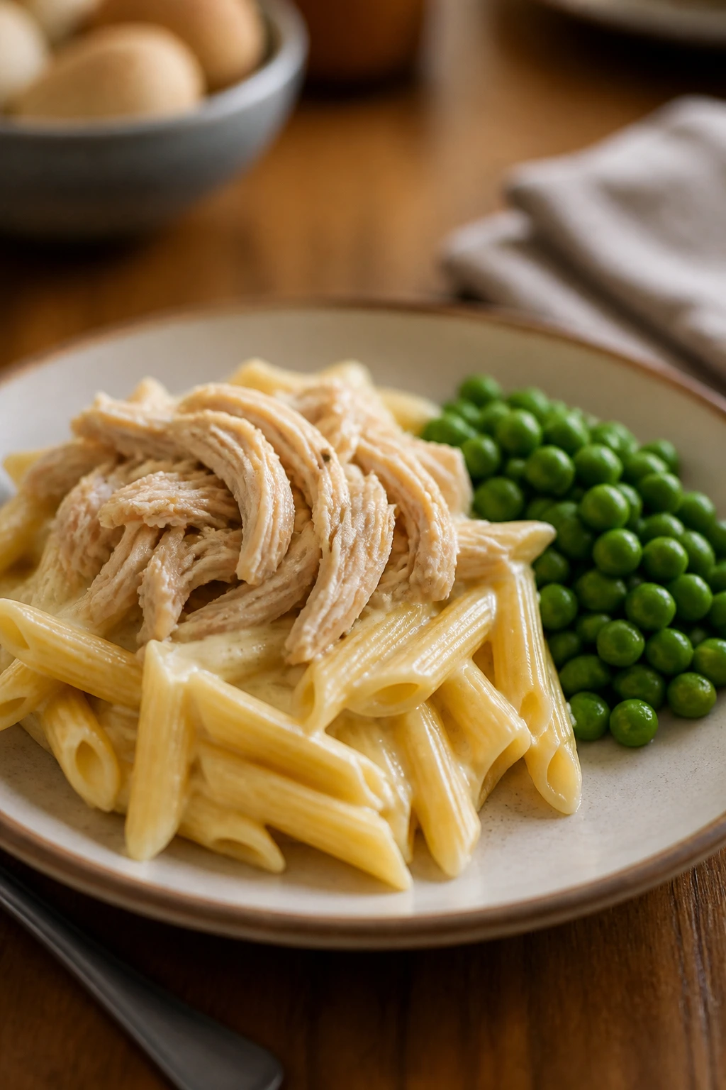 Plate with pasta base, shredded chicken, and peas on a warm table