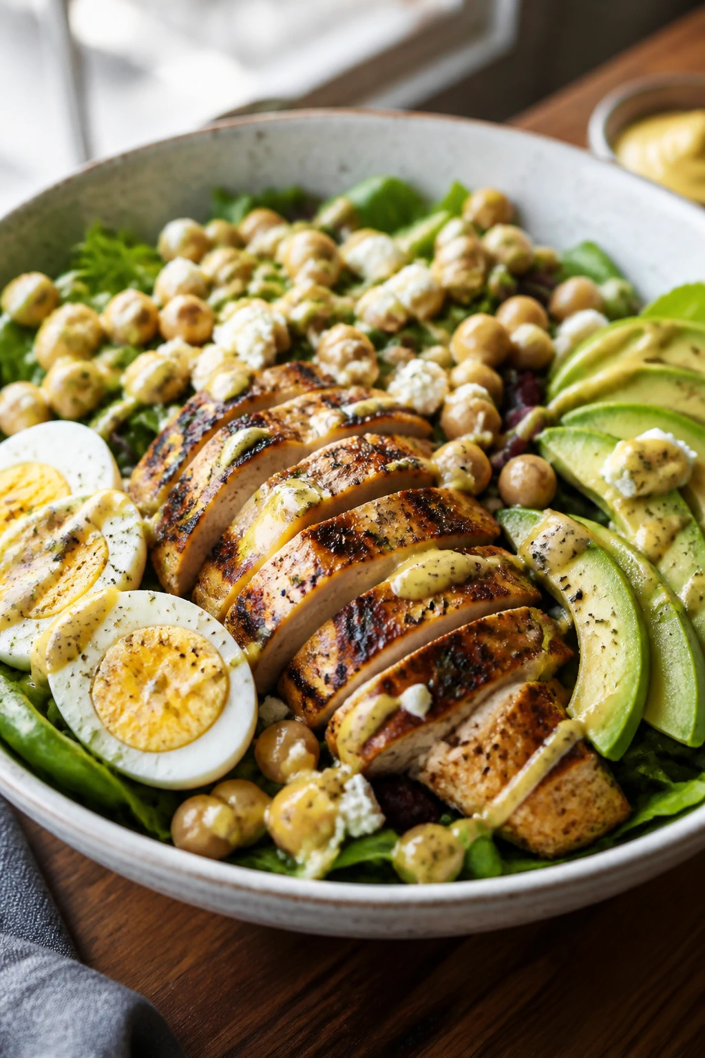 Dinner-sized chicken salad bowl with eggs, avocado, feta and greens, lit by natural window light