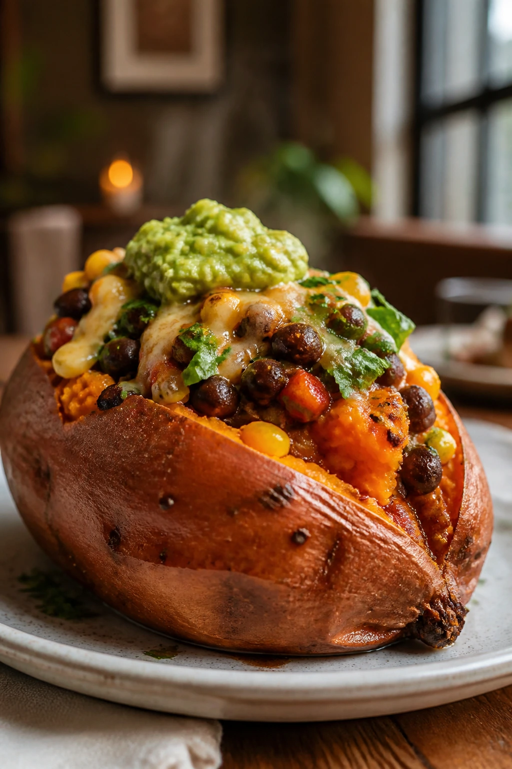 Close-up of stuffed potato on plate in warm dining room