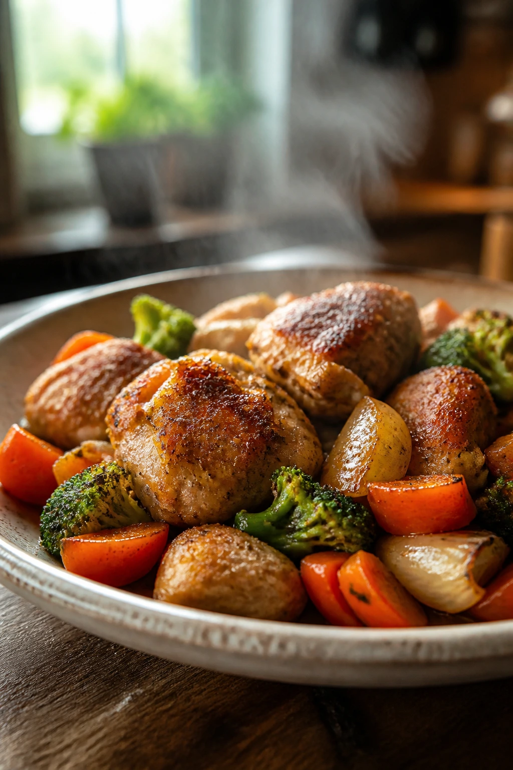 Plated weeknight chicken dinner with browned chicken and vegetables