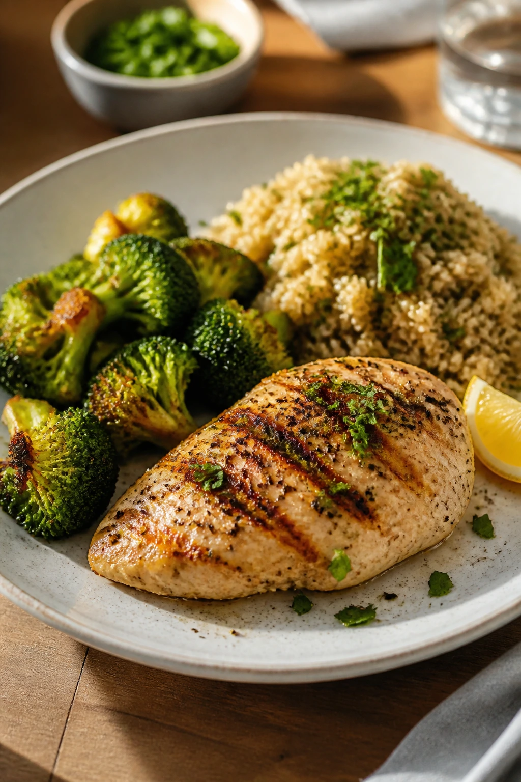 Close-up plate showing balanced dinner with protein, vegetables, and starch