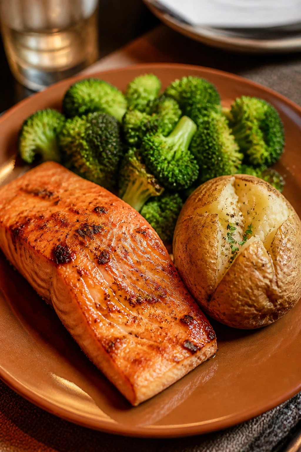 Dinner plate with salmon, broccoli, and potato on a cozy table
