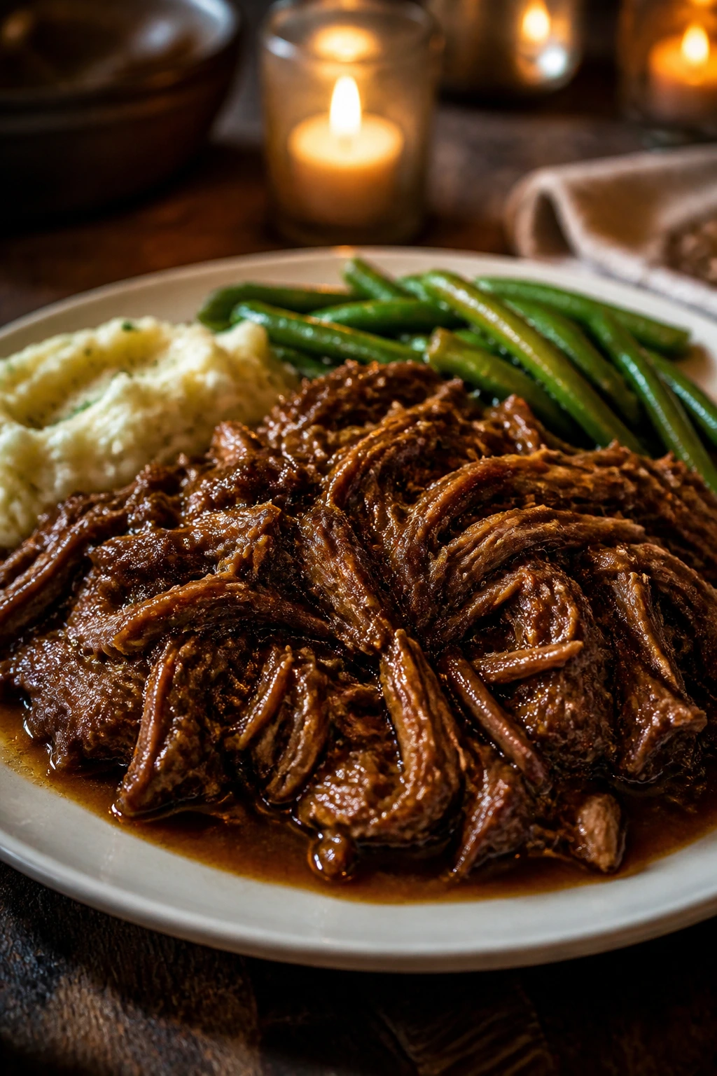 Shredded beef piled on a dinner plate with glossy sauce