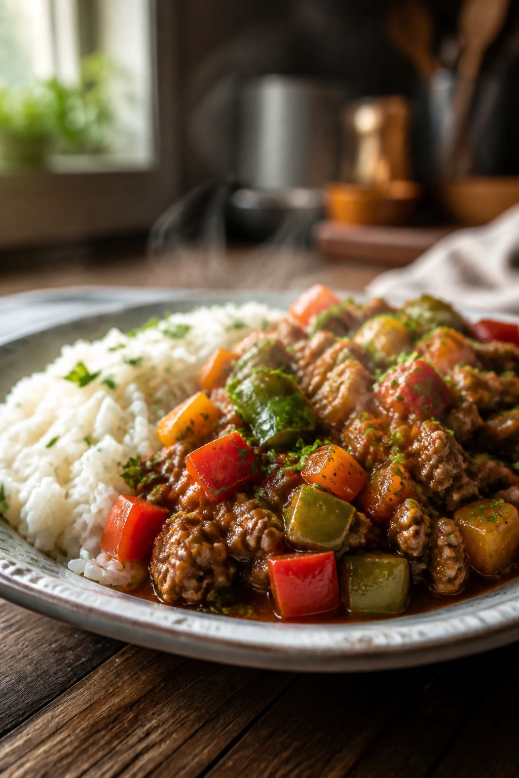 Close-up of a steaming home-cooked dinner plate on a wooden table