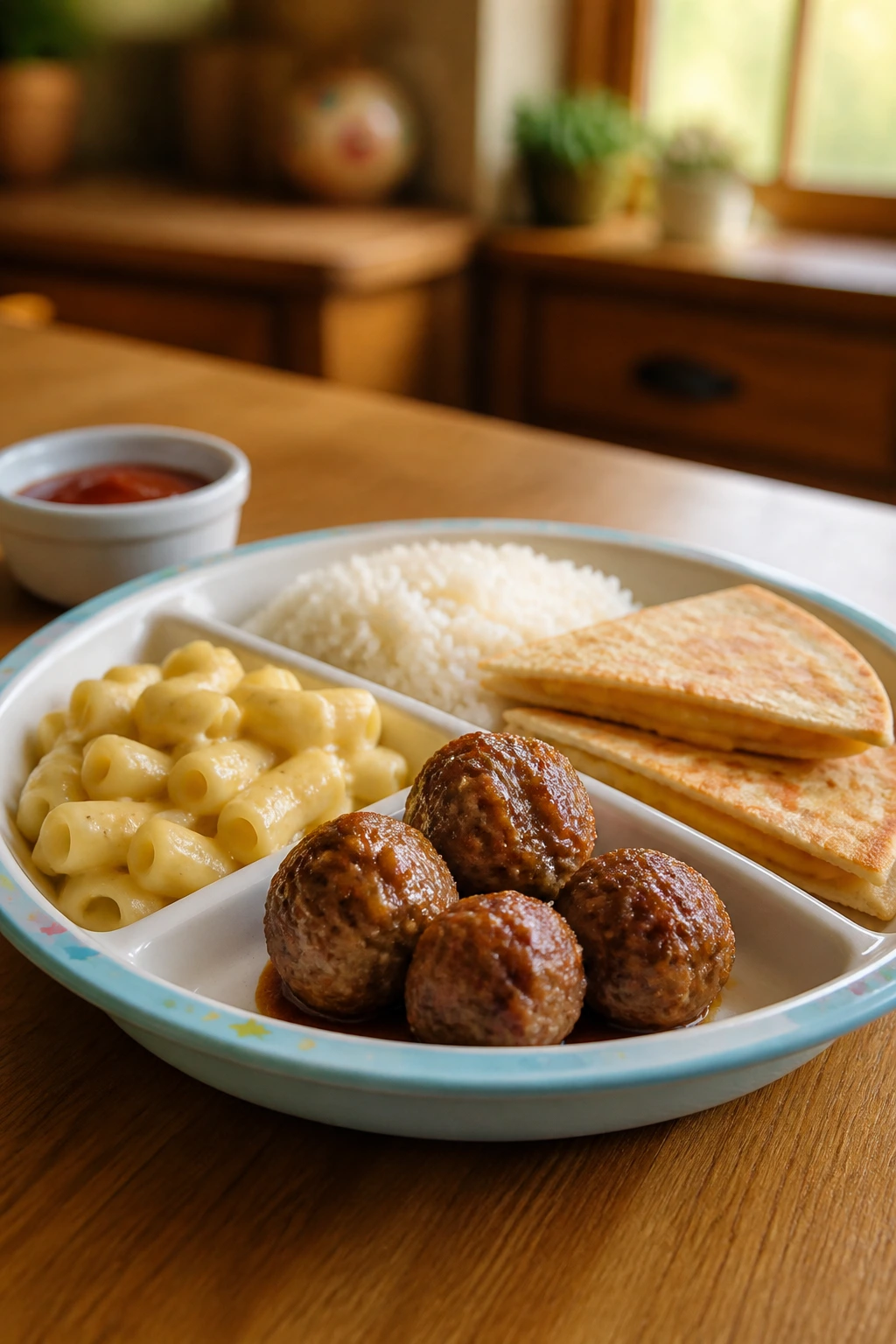 Close-up plate with familiar shapes like meatballs, pasta, and rice in separate sections
