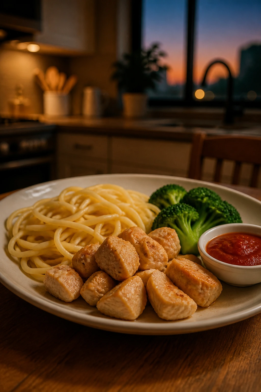 Close-up of a kid-friendly dinner plate with noodles, chicken, and visible vegetable on a warm wooden table