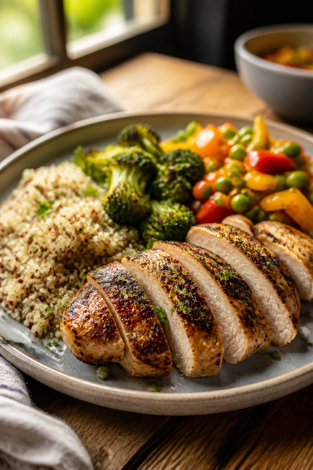 Close-up of a vibrant dairy-free dinner plate with protein and colorful sides on a rustic dining table