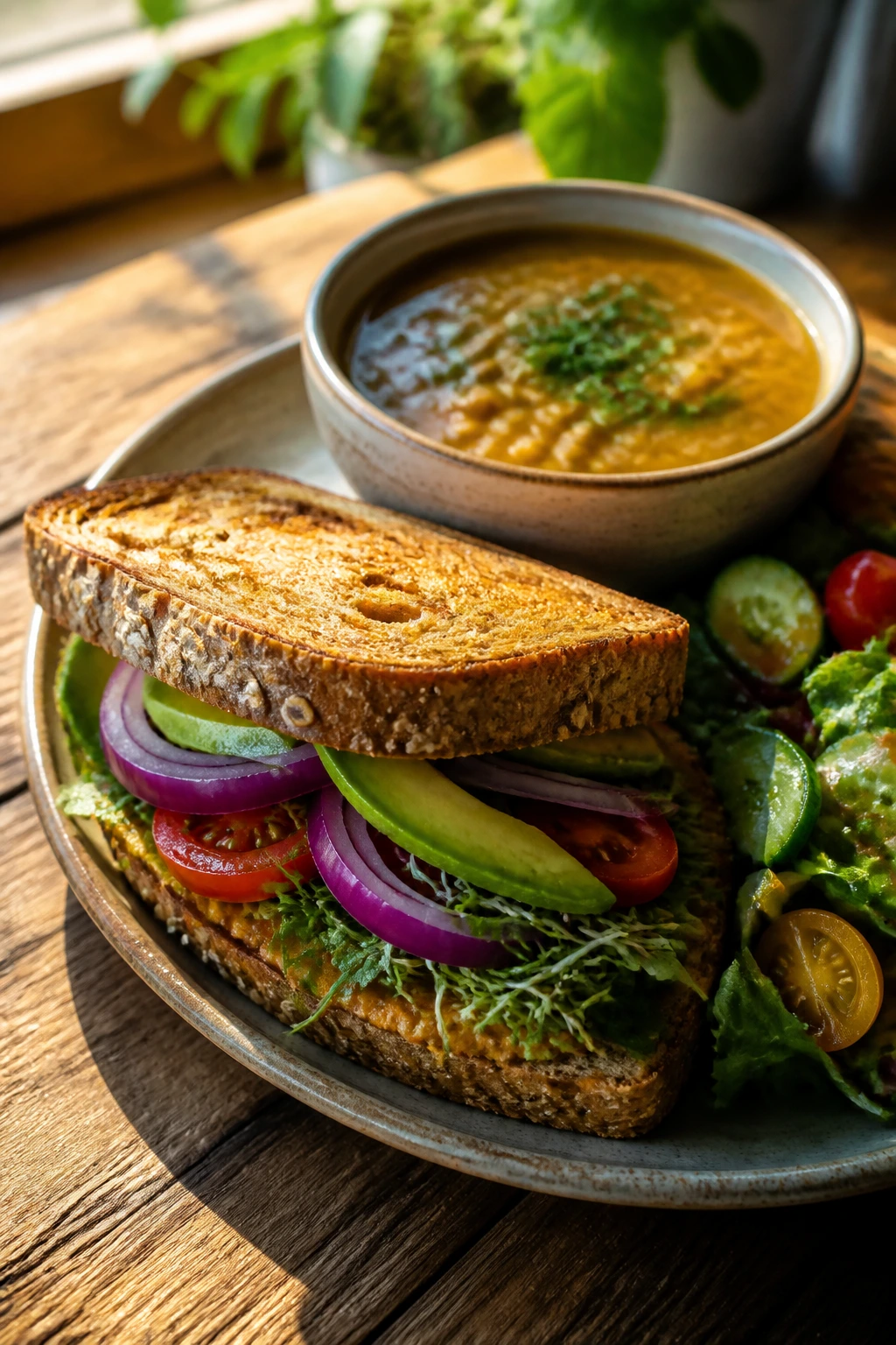 Plated vegan sandwich dinner with soup on a rustic table