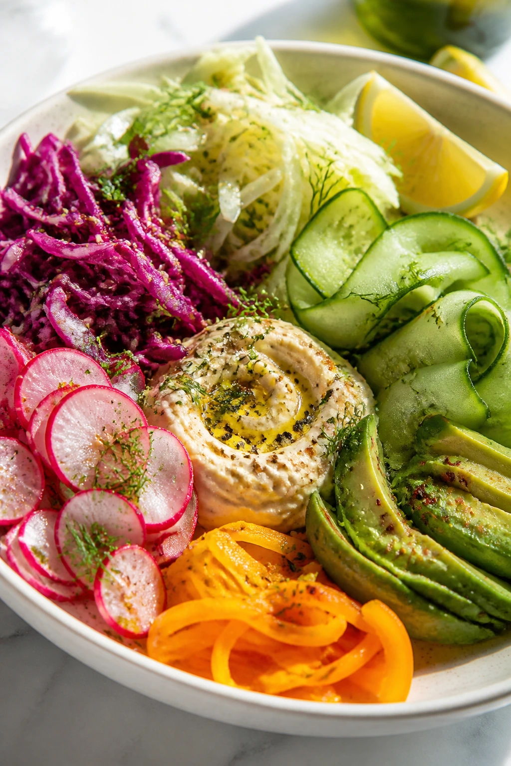Bright plate of crisp raw vegetables with a creamy element