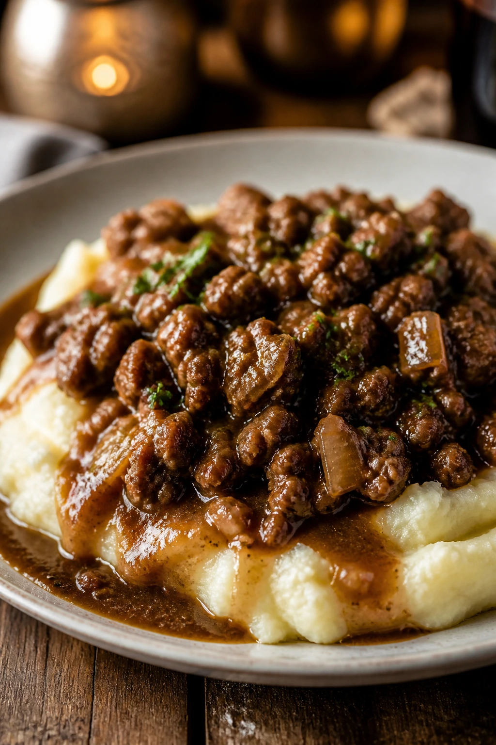 Plated beef with mashed potatoes served as dinner