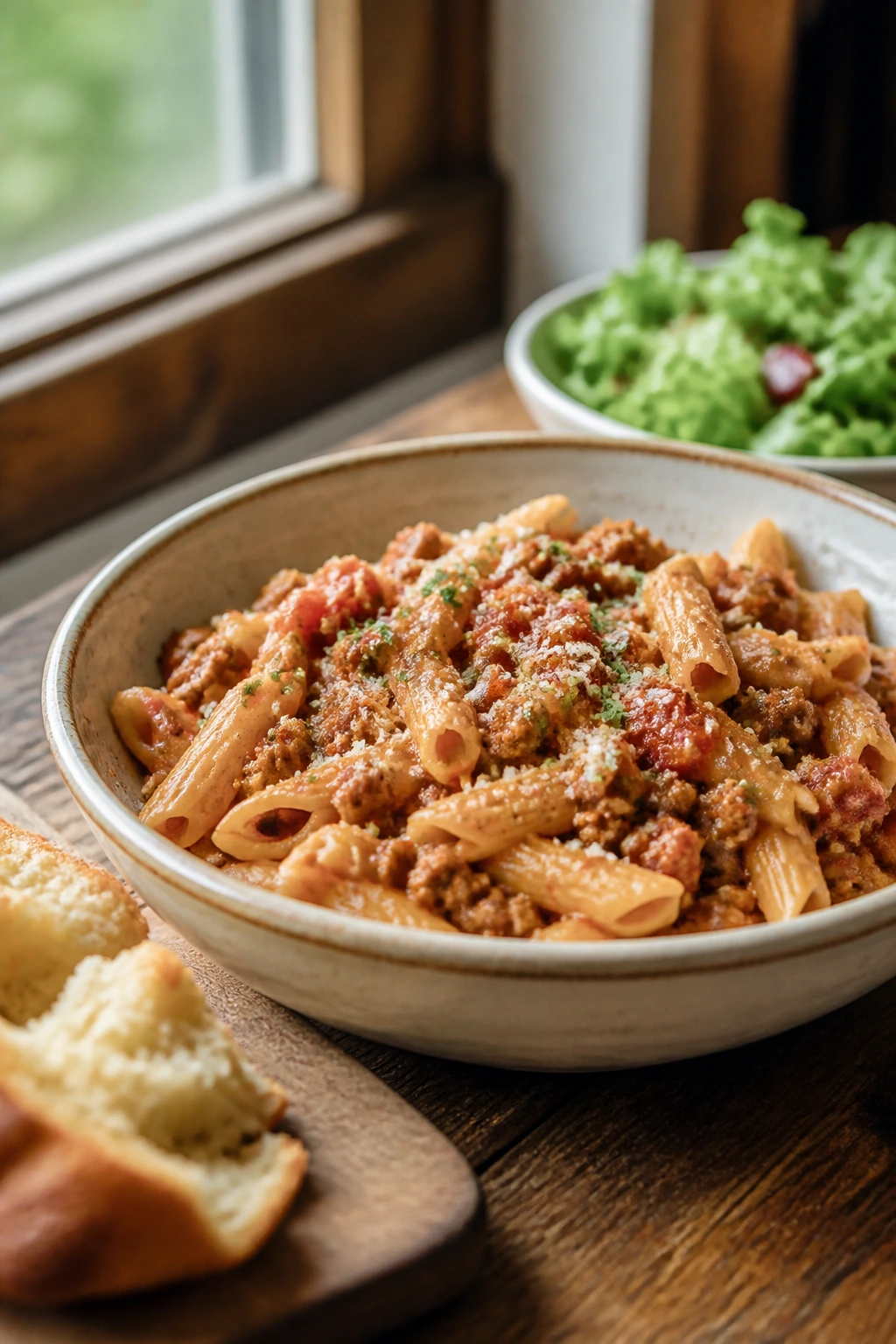 Generous bowl of pasta served with a simple side on a wooden table