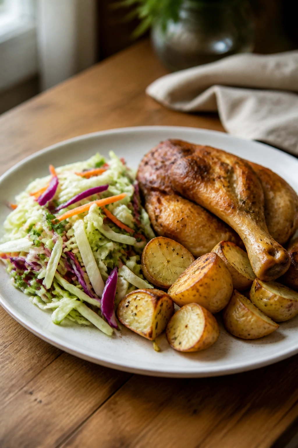 Plated dinner with crispy slaw and roasted potatoes showing texture contrast