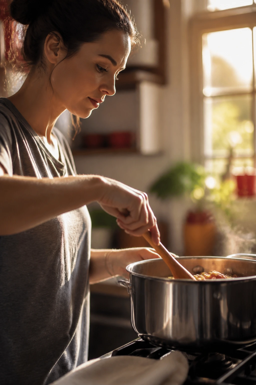 Close-up of a real parent cooking at a stove in a cozy kitchen with warm light