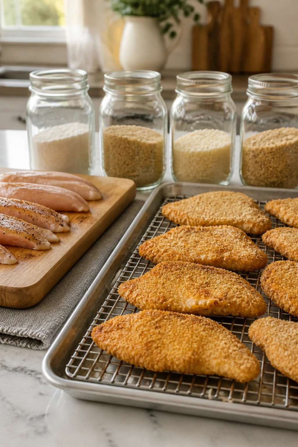 Resting breaded chicken on a rack with prep ingredients in a tidy kitchen.
