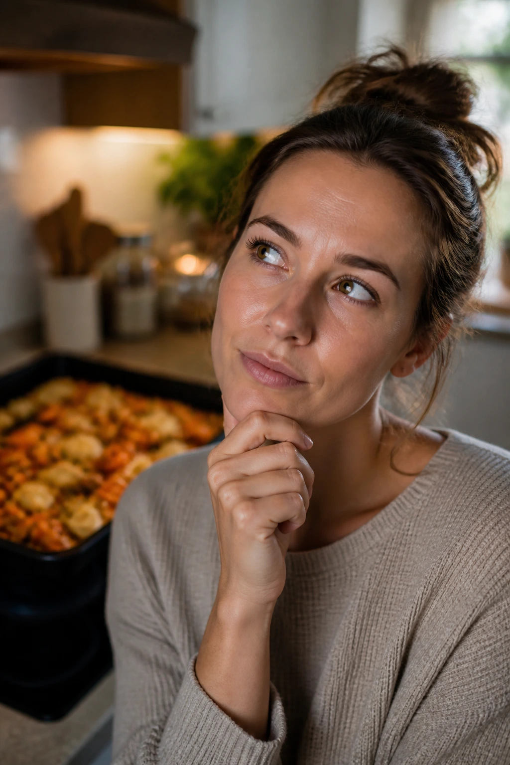 Close-up portrait of a real person in a warm kitchen, thinking about dinner questions with roasted vegetables in the background