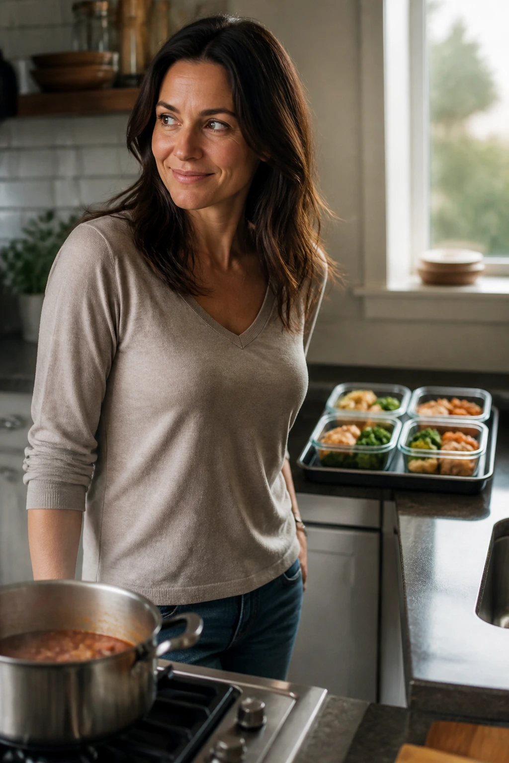Warm kitchen scene with a real adult and a steaming pot, illustrating a calm, well-stocked dinner routine