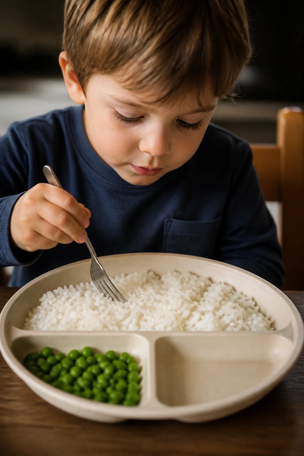 Child dinner with rice backbone and a small side vegetables