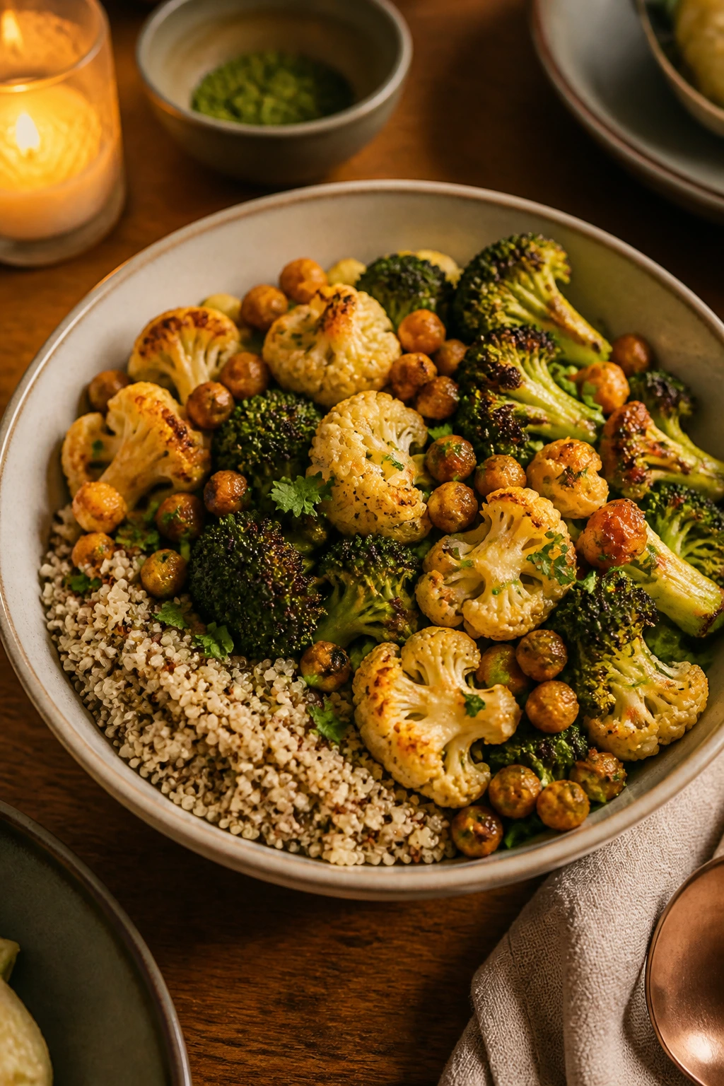 Finished Crispy Veggie Bowl plated for dinner on a warm table