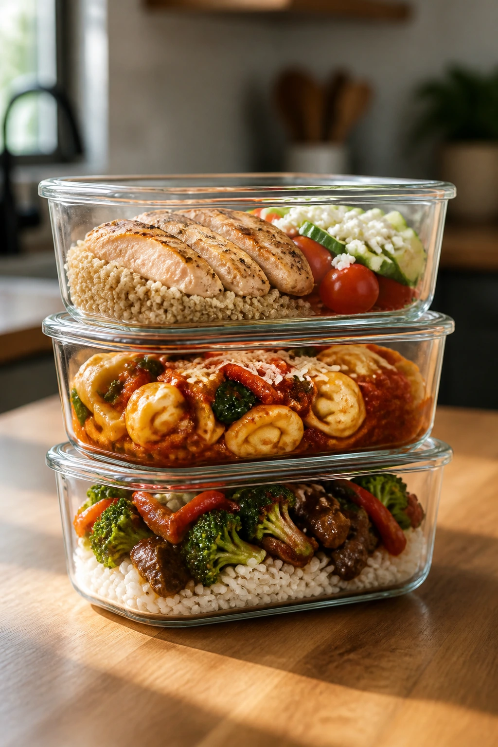 Vertical stack of ready-to-reheat meals in glass containers on a kitchen counter