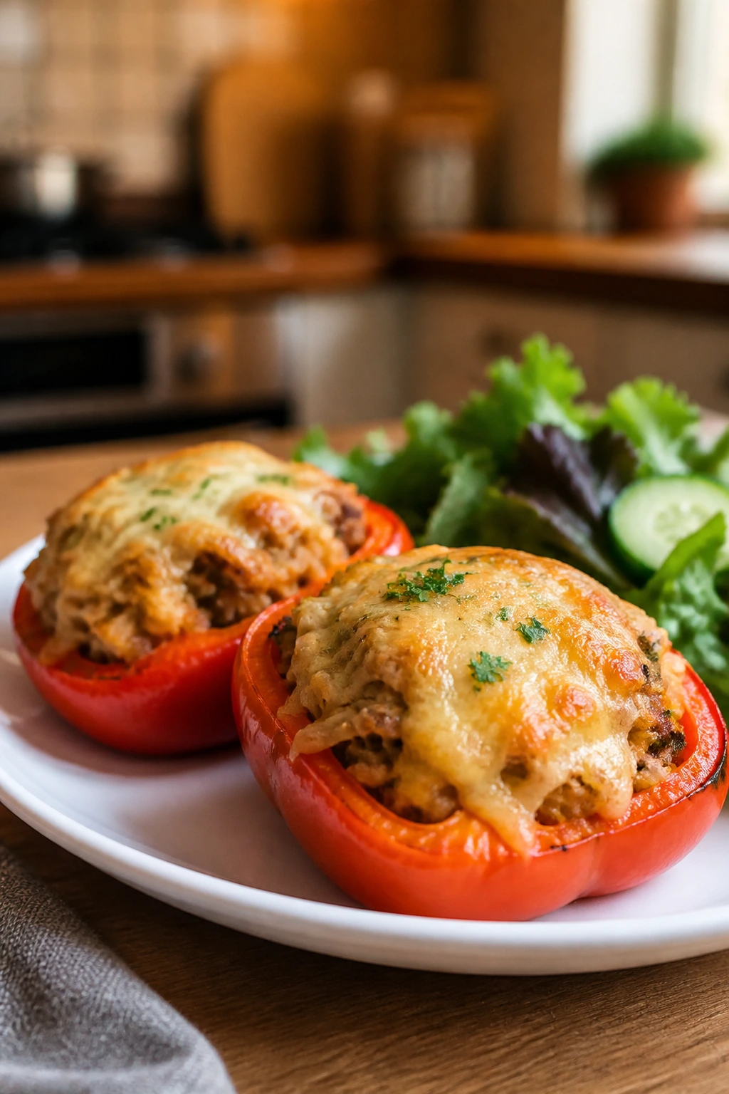 Plated stuffed peppers with side salad for a weeknight dinner
