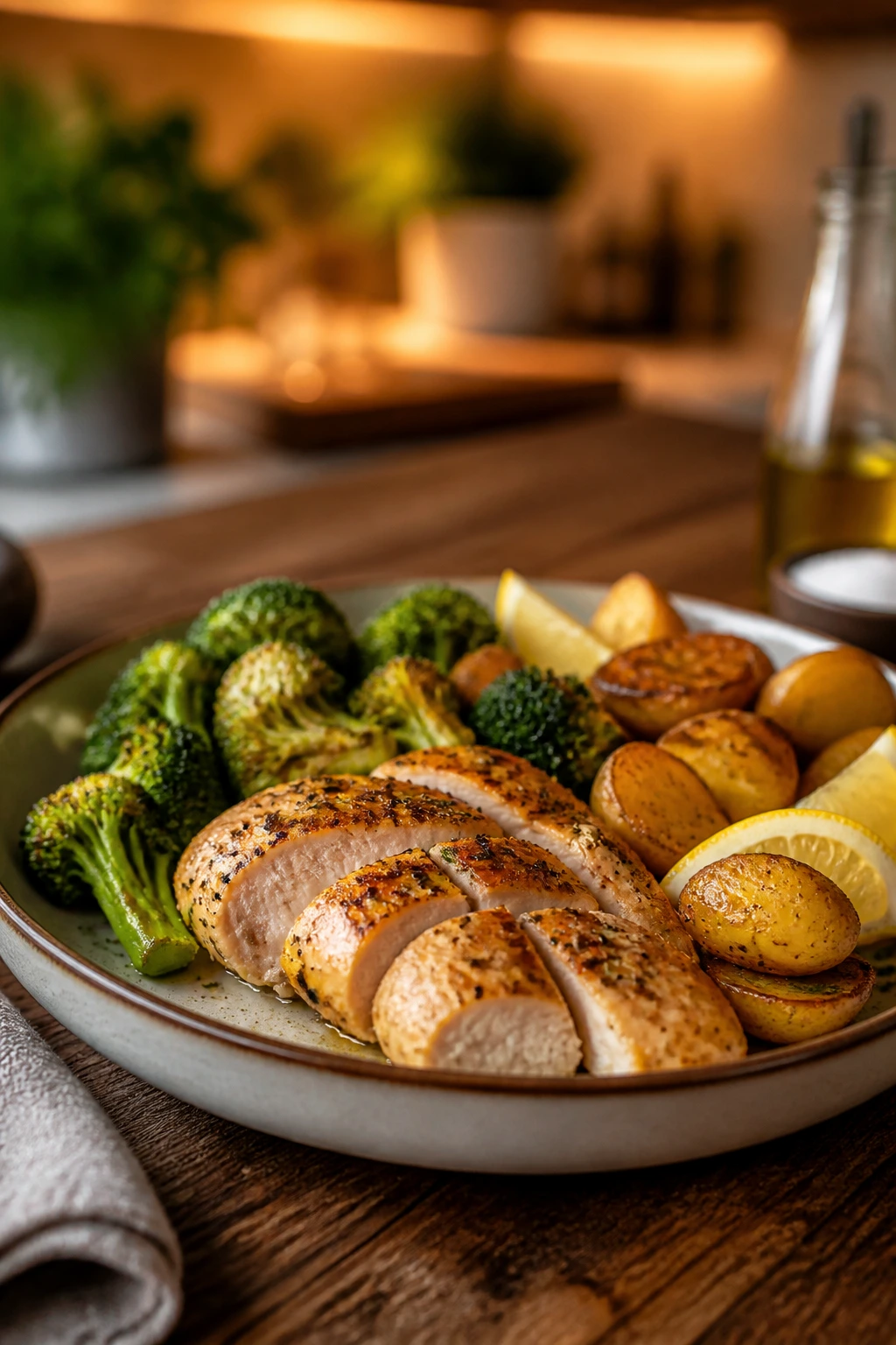Finished plate of lemon-garlic chicken with potatoes and broccoli on a wooden table