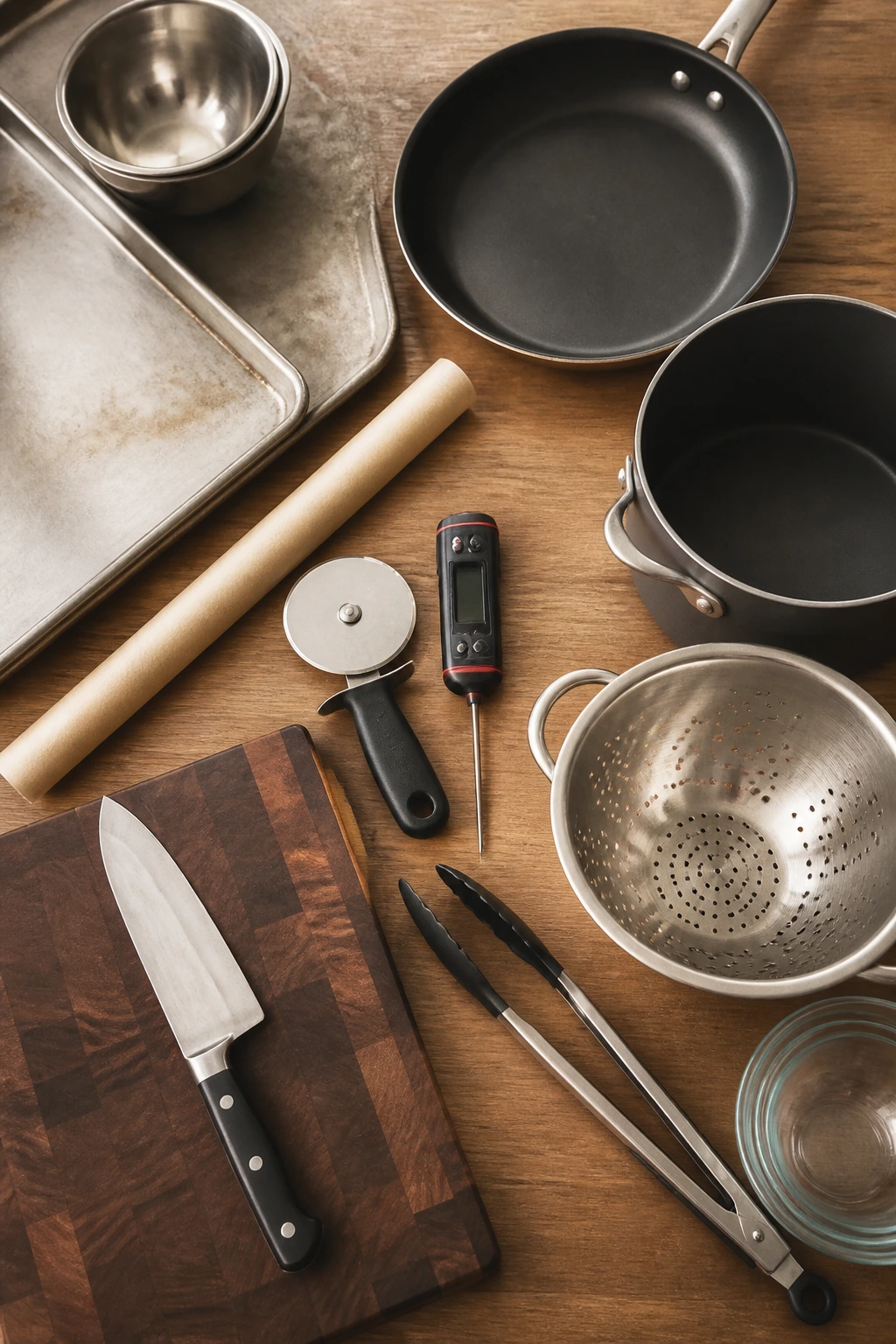Top-down still life of essential kitchen tools for quick weeknight dinners