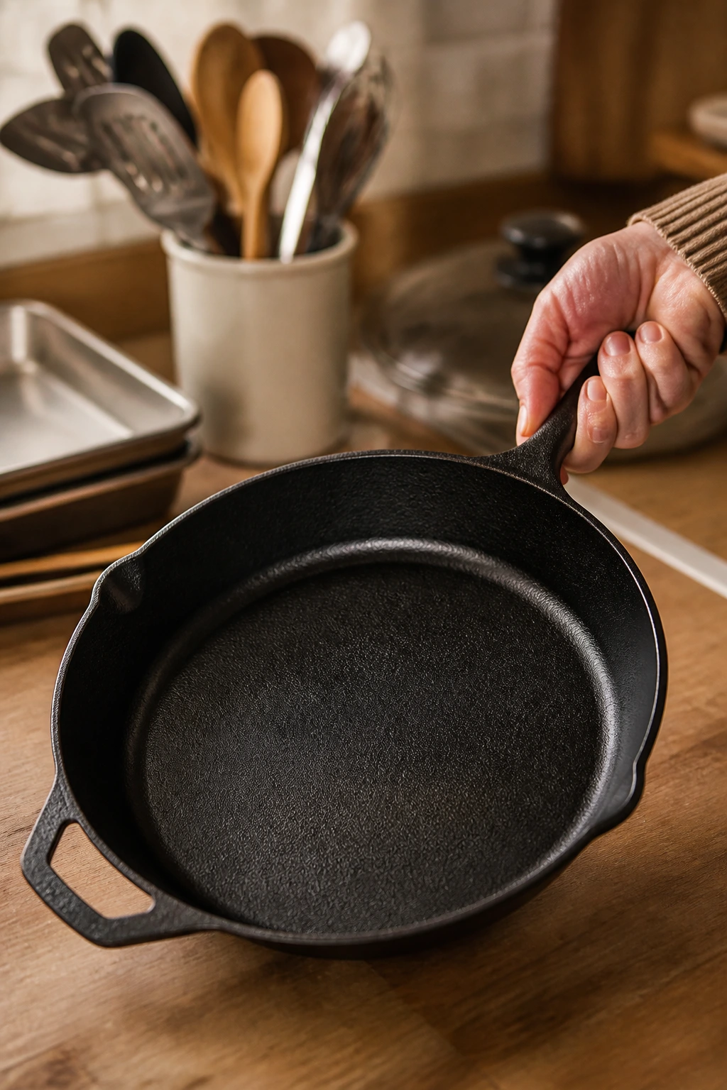 Close-up of a 12-inch oven-safe skillet in hand
