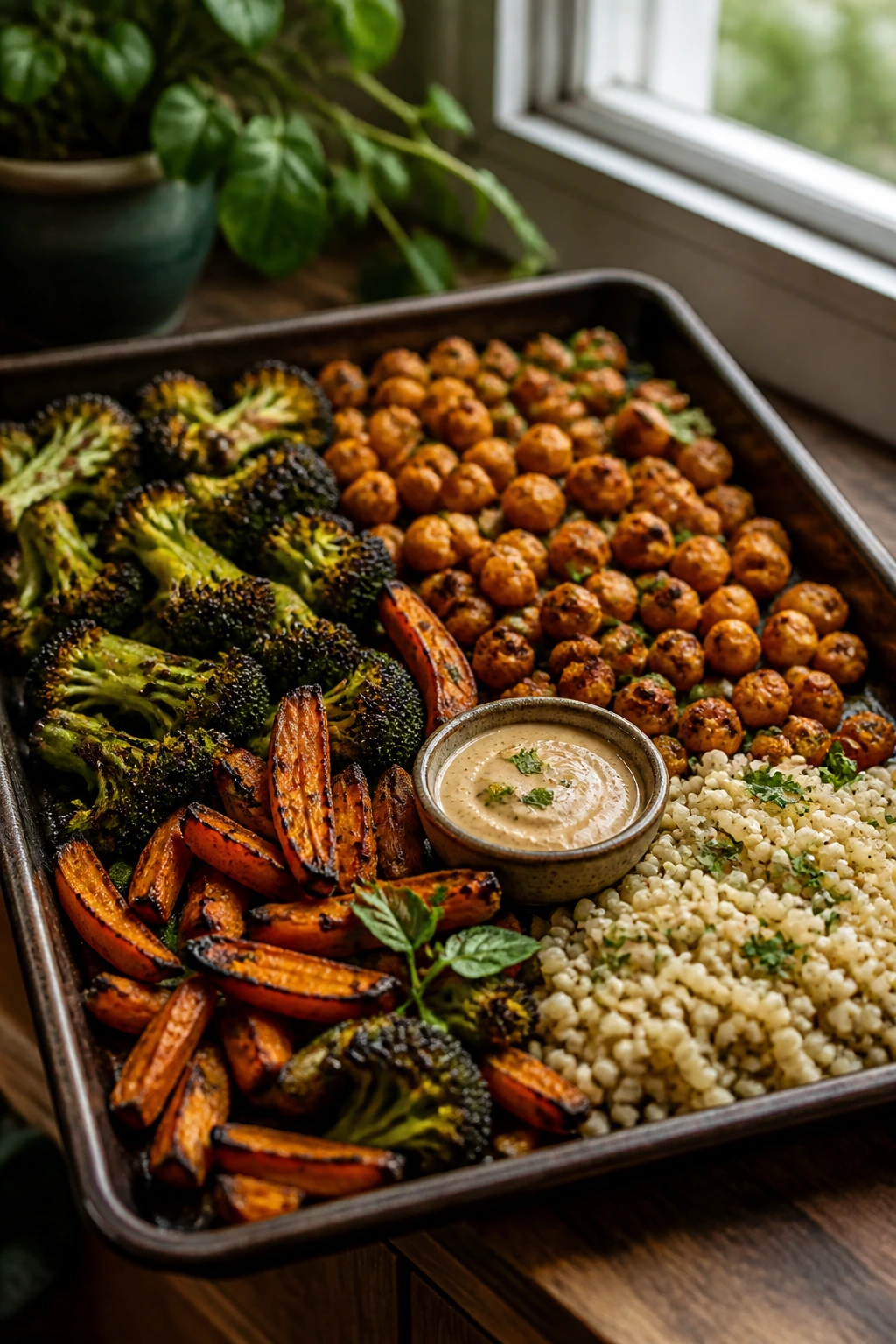 Tray of crispy vegetables with protein and starch arranged as a simple dinner