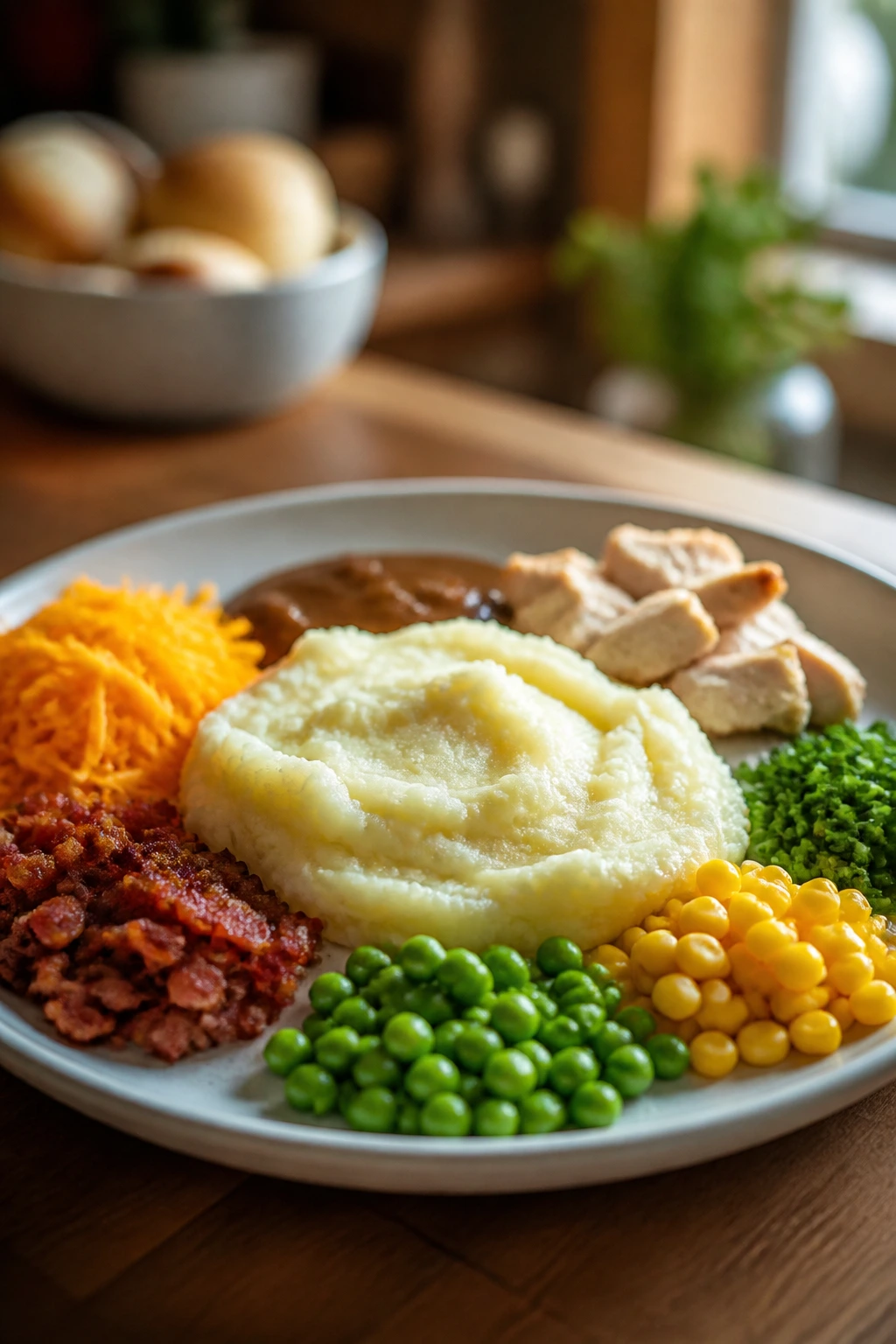 Plate showing a plain base with separate toppings around the edge, illustrating a dinner-truce approach.