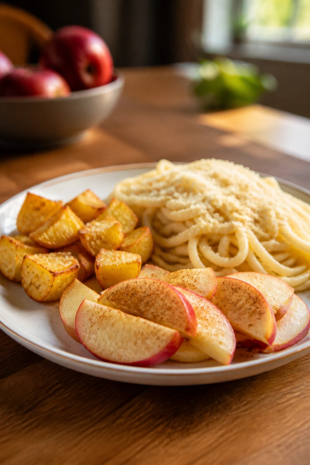 Close-up of a dinner plate with garlic-powdered potatoes, parmesan-topped noodles, and cinnamon-sprinkled apples on a warm kitchen table.