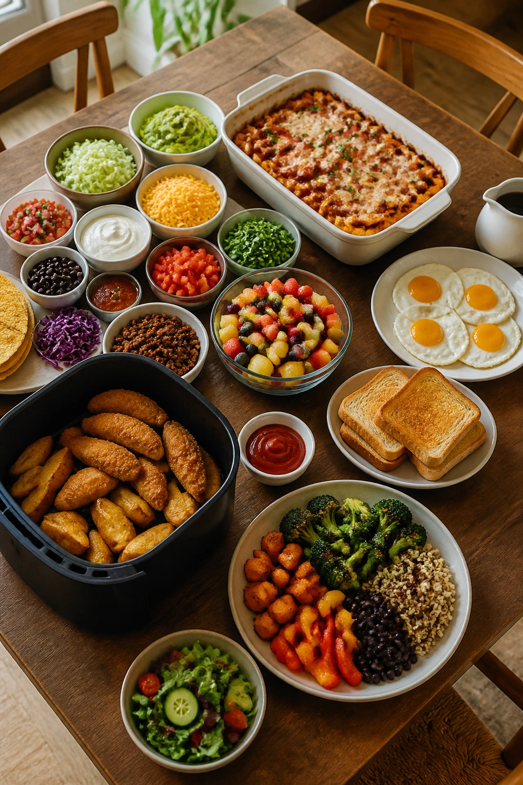 Table spread showing taco-bar, pasta bake, breakfast-for-dinner, air-fryer, and vegetarian options