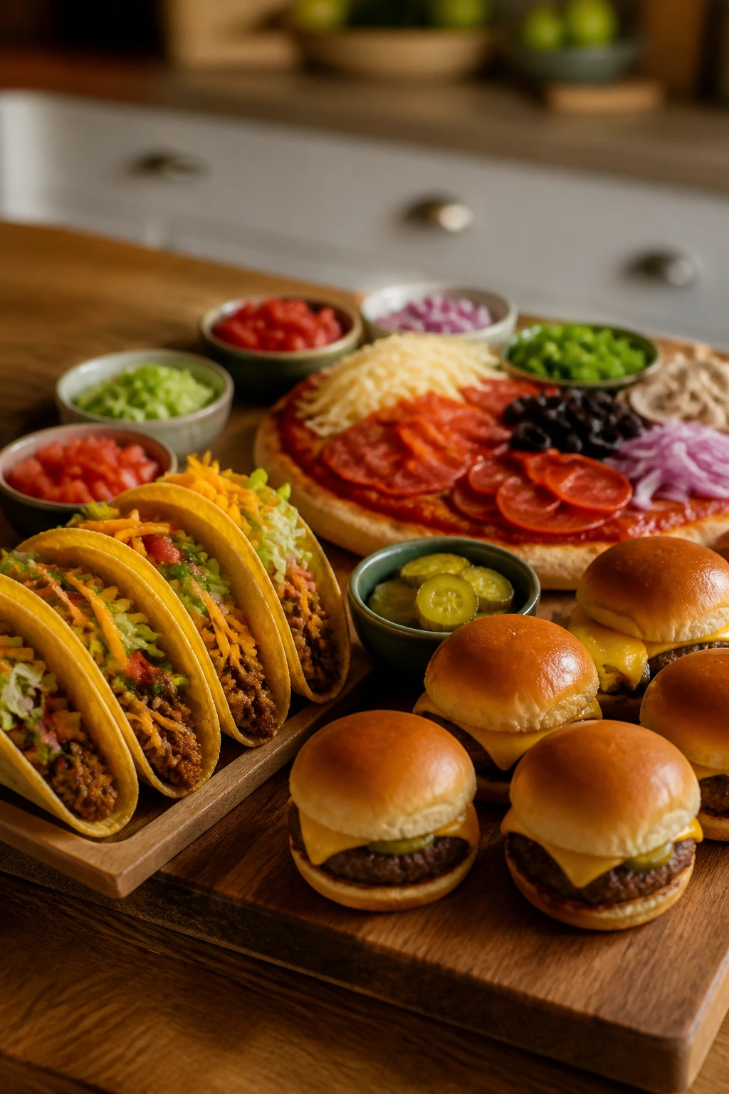 Dinner board showing taco pizza and slider variations