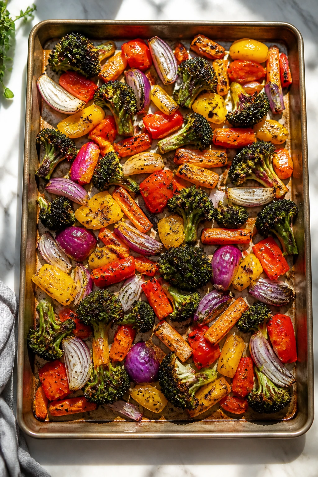 Colorful roasted vegetable sheet pan ready to serve