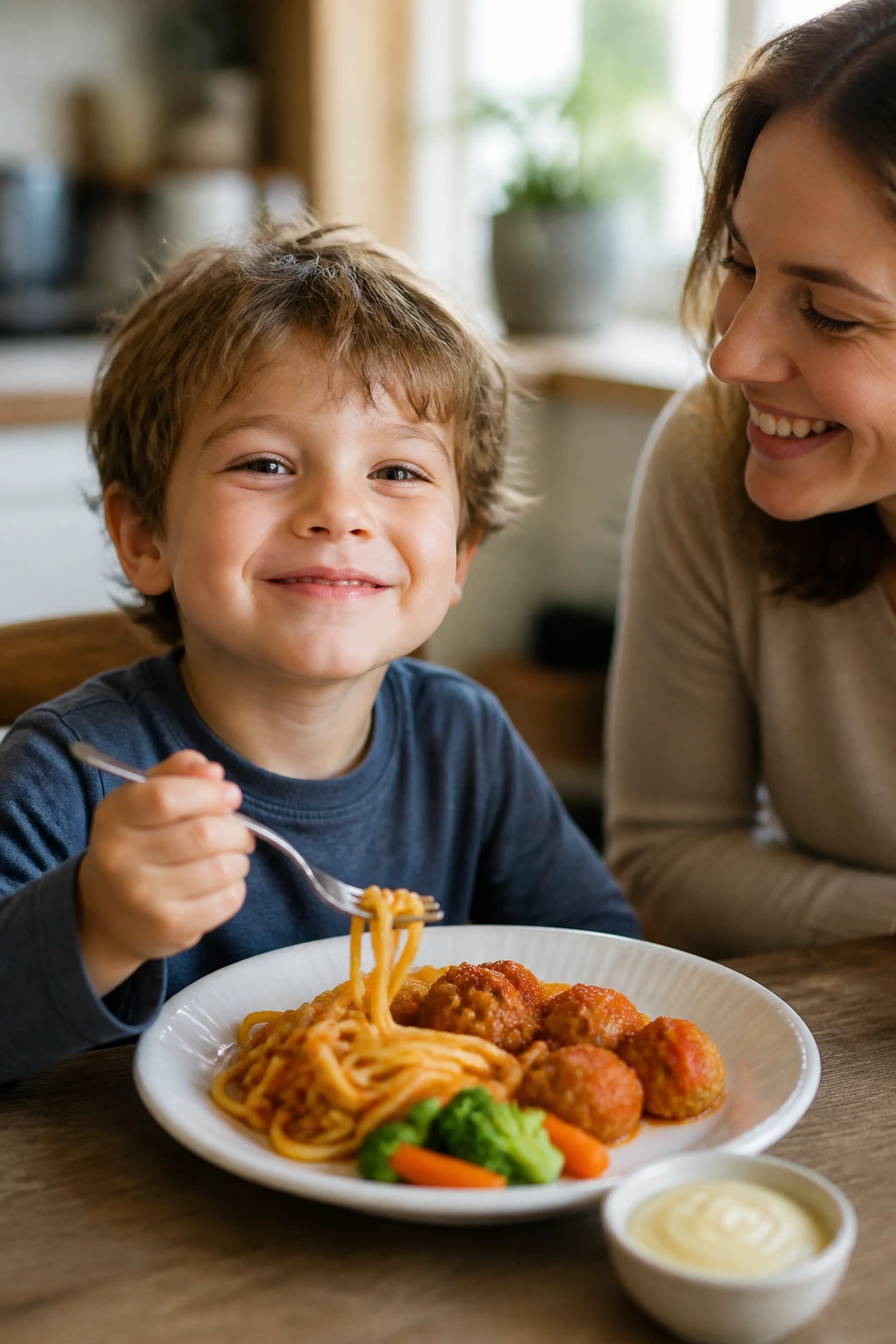 Happy child eating simple, familiar dinner in a cozy dining setting