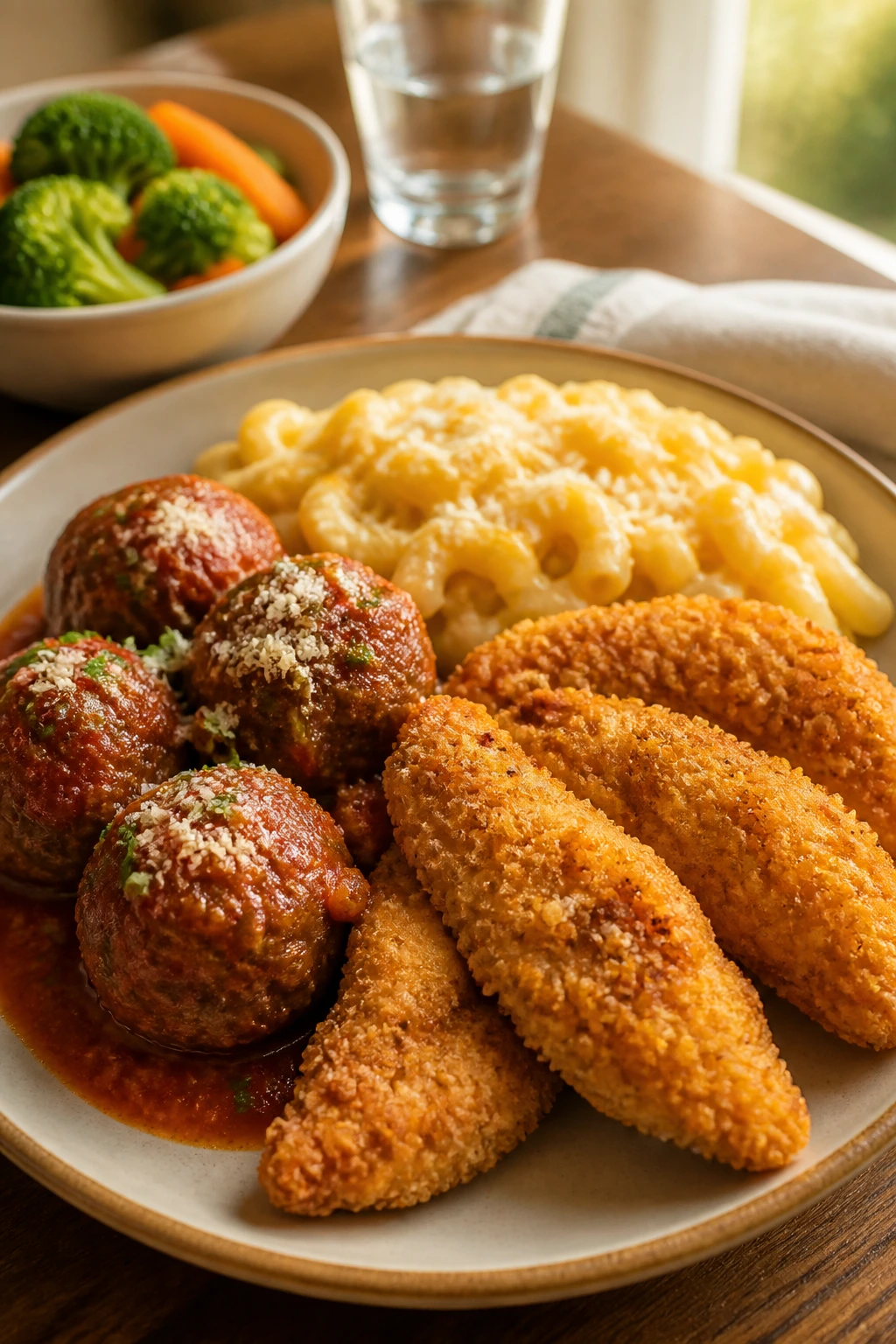 Close-up plate of familiar dinners with chicken tenders, meatballs, and pasta on a wooden table
