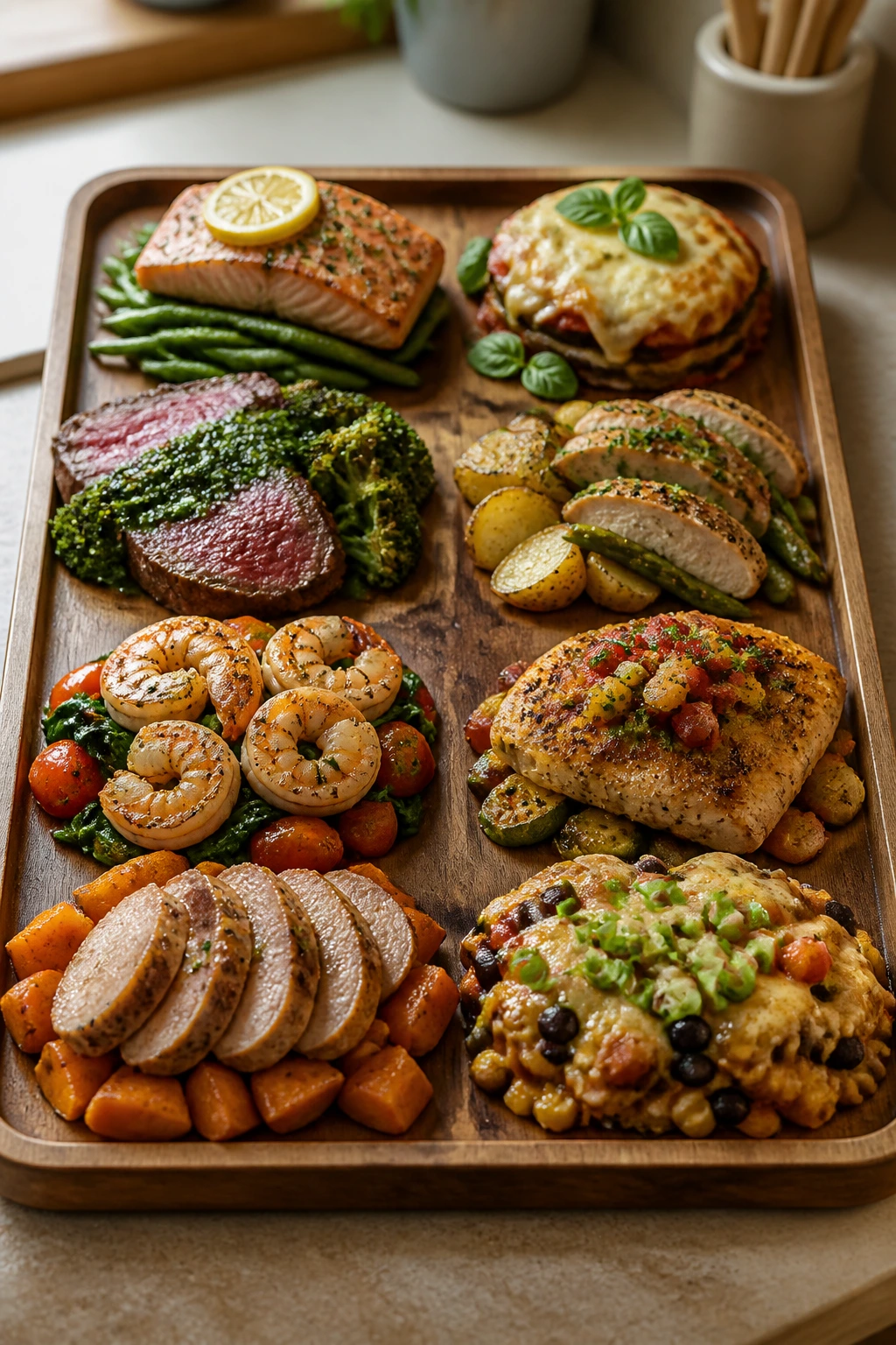 Tray with eight small dinner portions on a wooden board in a warm kitchen