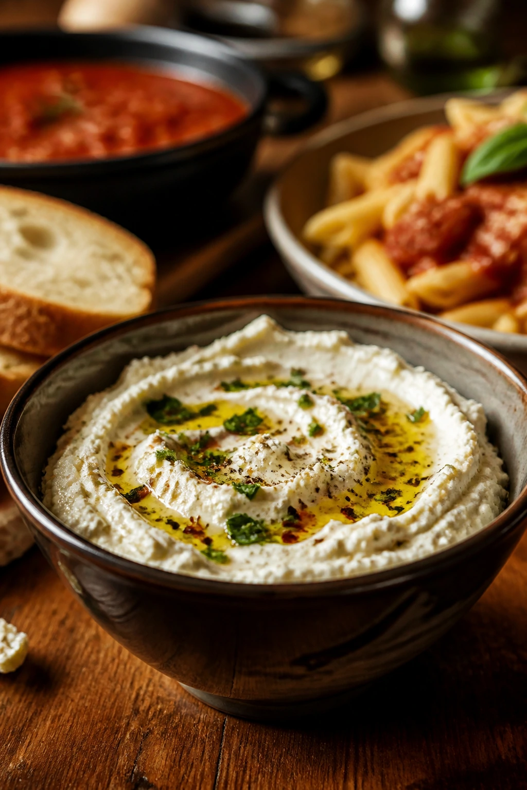Bowl of dip centerpiece on pasta night table with pasta in background