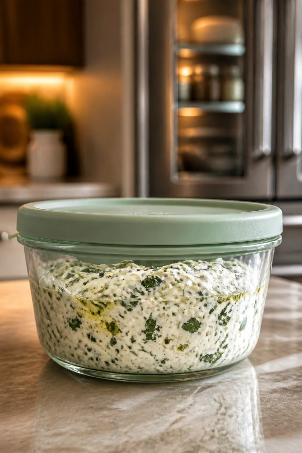 Glass jar of herb ricotta dip stored on counter with fridge in background