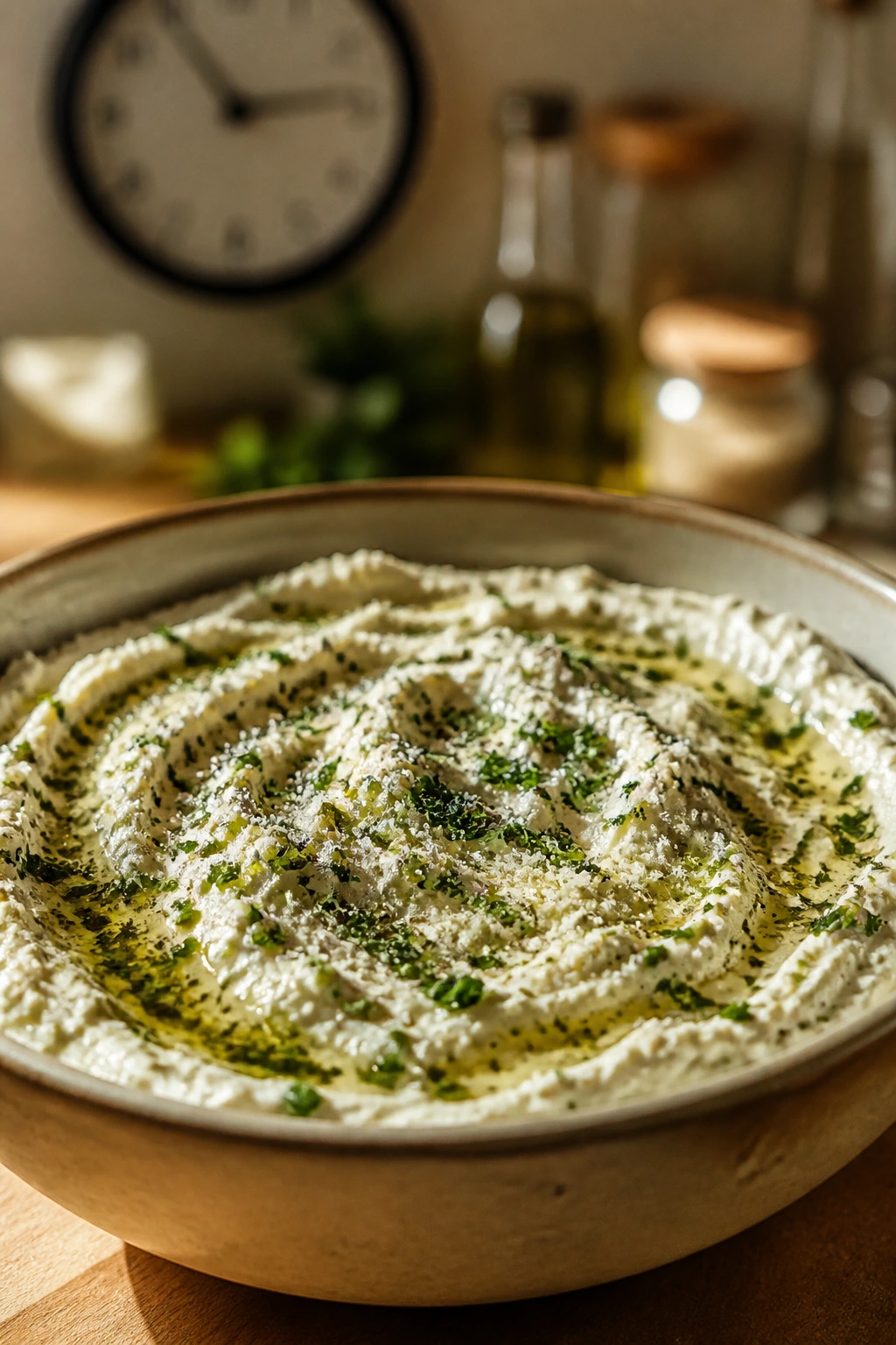 Dip bowl with a blurred clock in the background hinting timing