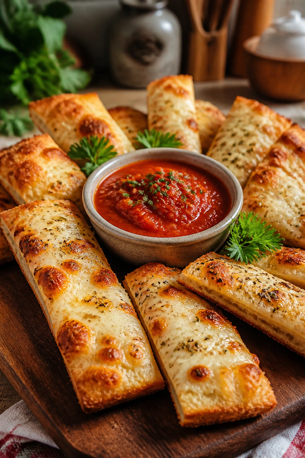 Dippers plated on wooden board with marinara sauce