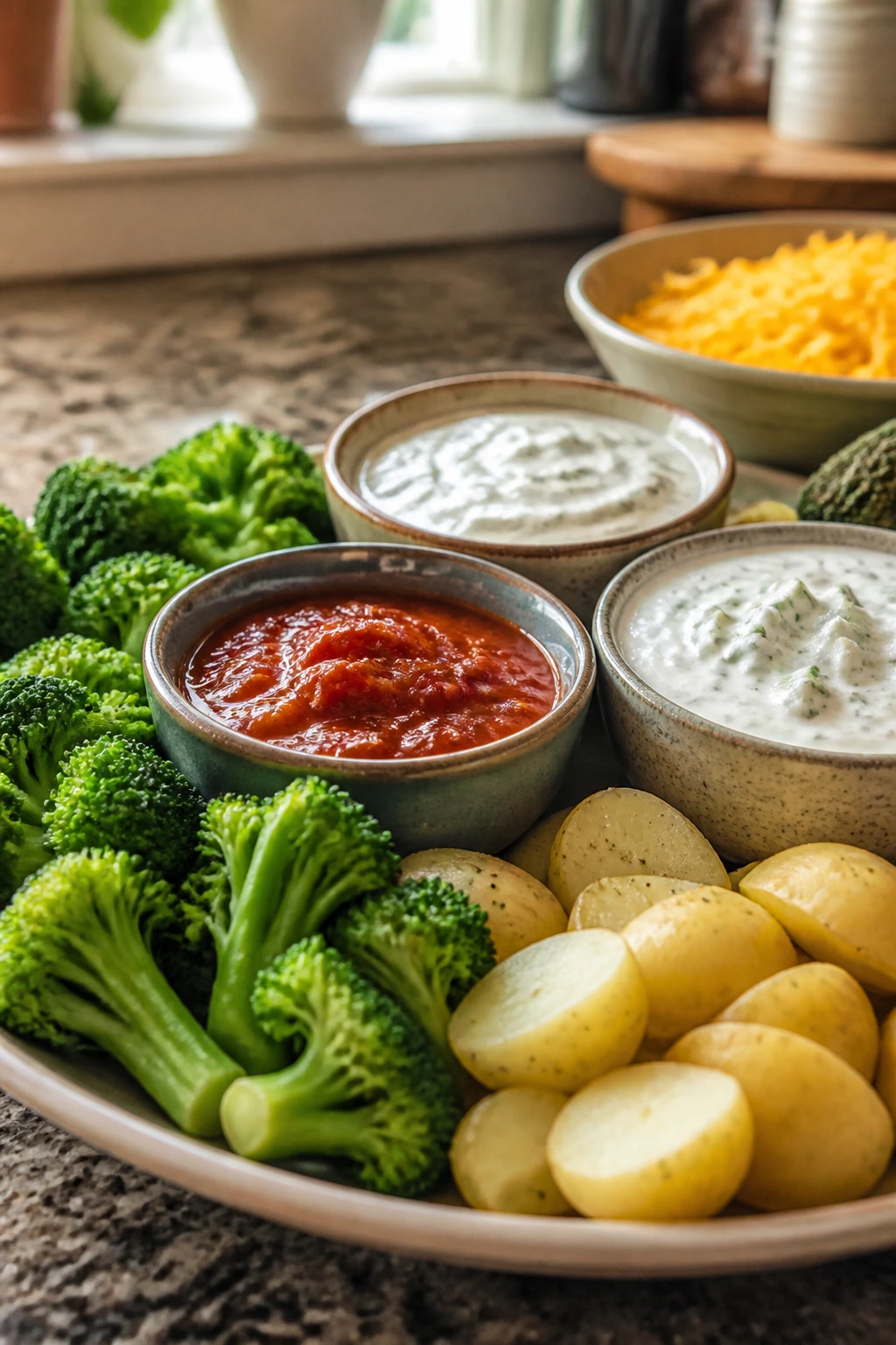 Small bowls of dips and cheese with broccoli for dipping.