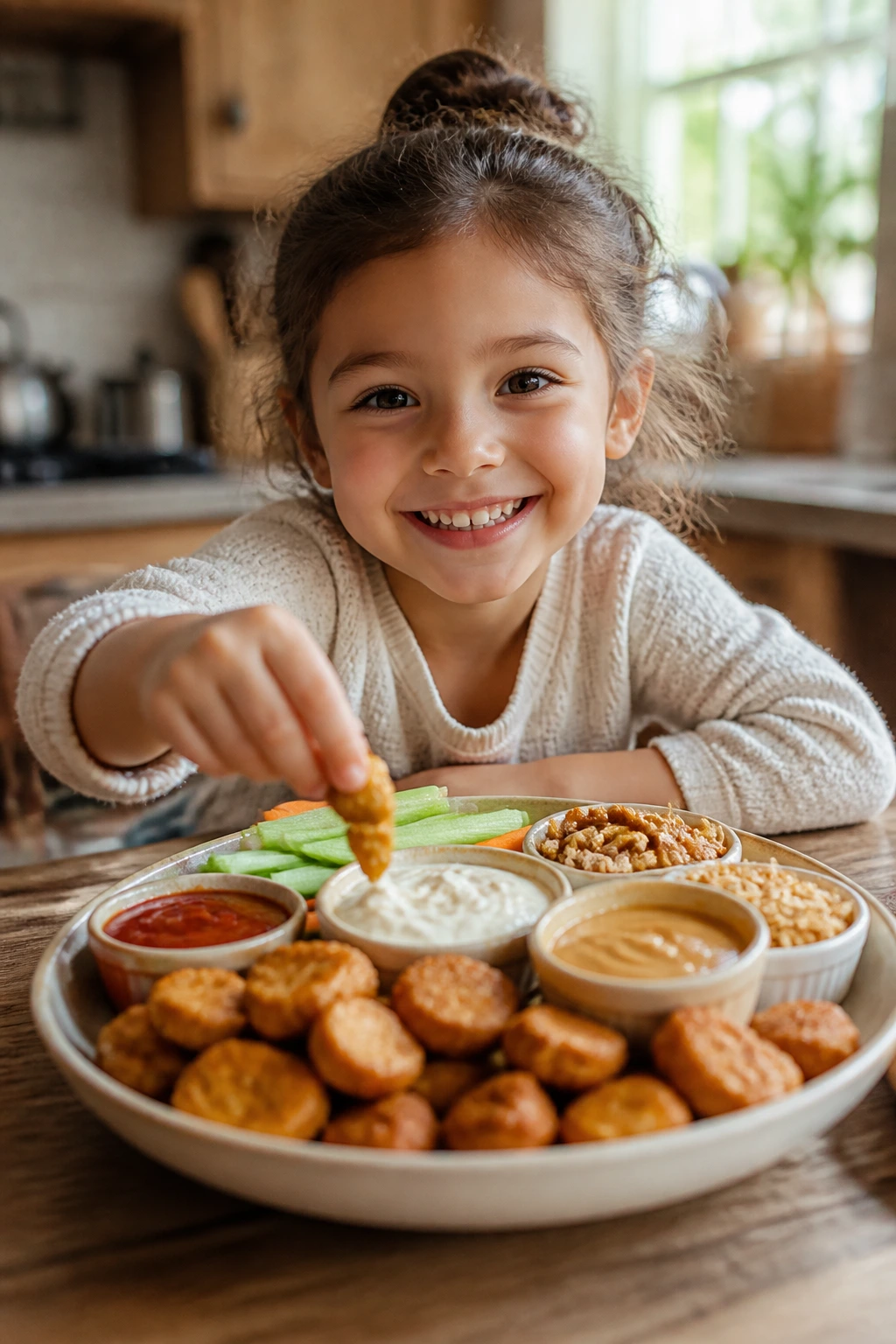 Child dipping food into sauces with a crunchy plate
