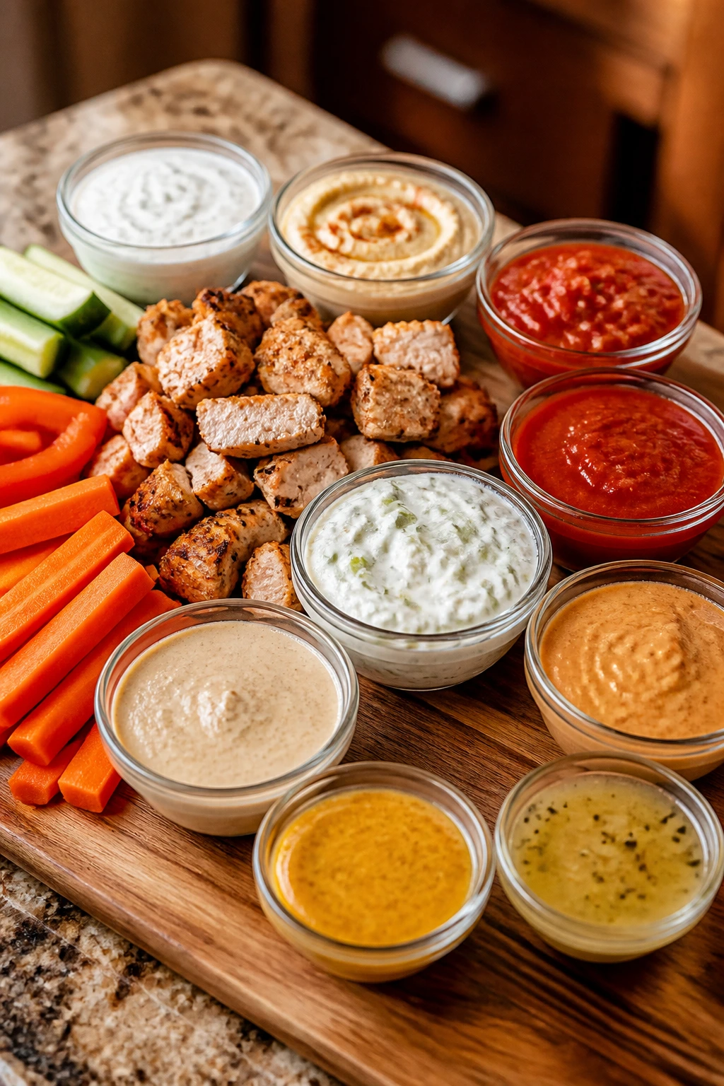 Assorted dips and sauces in small bowls with chicken bites and veggies on a wooden board